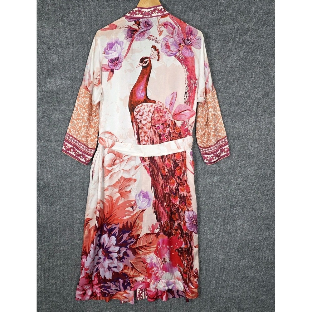SOMA Silk Blend Kimono Robe Peacock Luxury Lounge Duster Maxi Floral Ivory Red - Picture 7 of 12